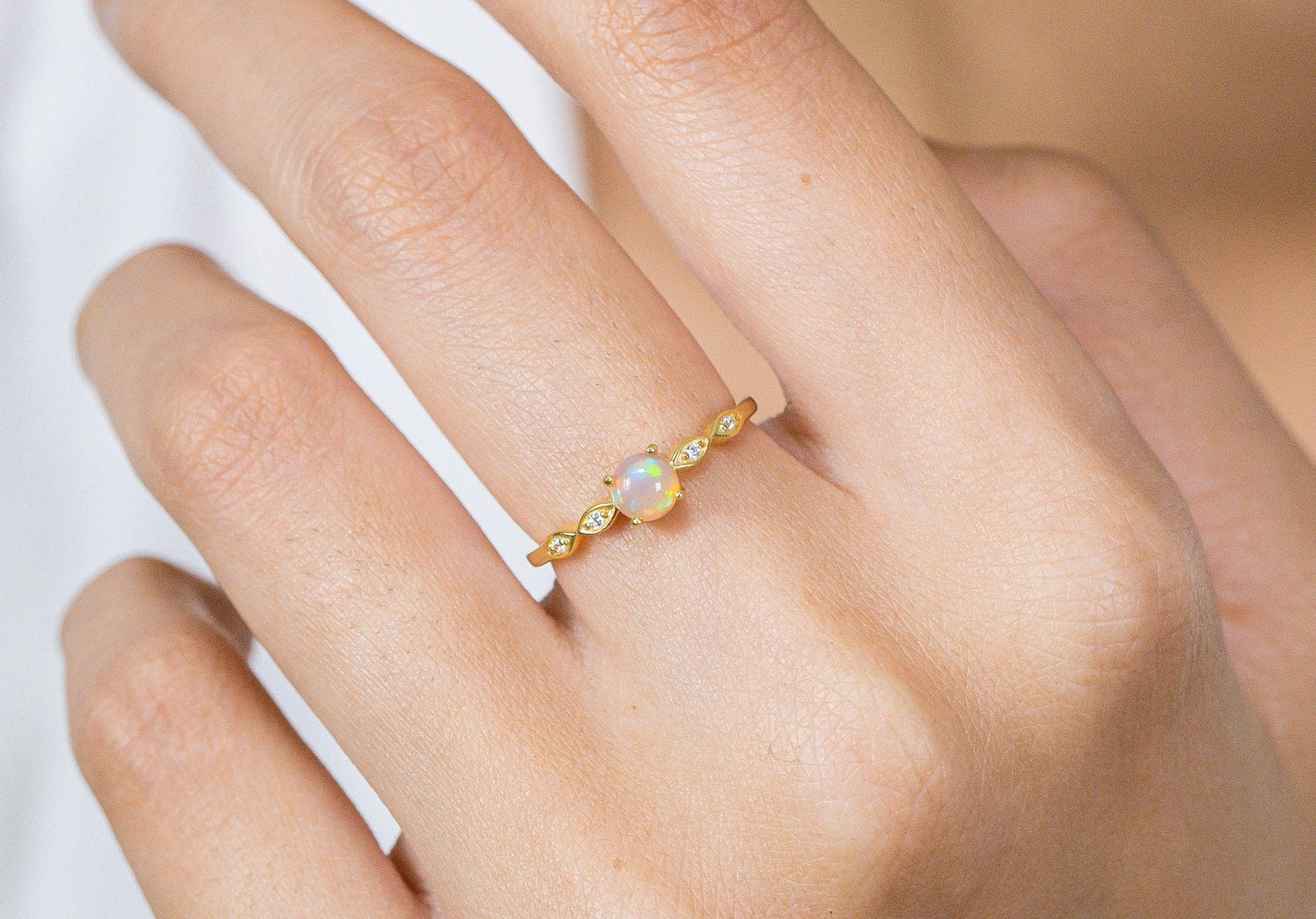 Opal and Diamond Engagement Ring, October Birthstone, Opal Ring, 18k Gold Unique Promise Ring, Marquise Ring
